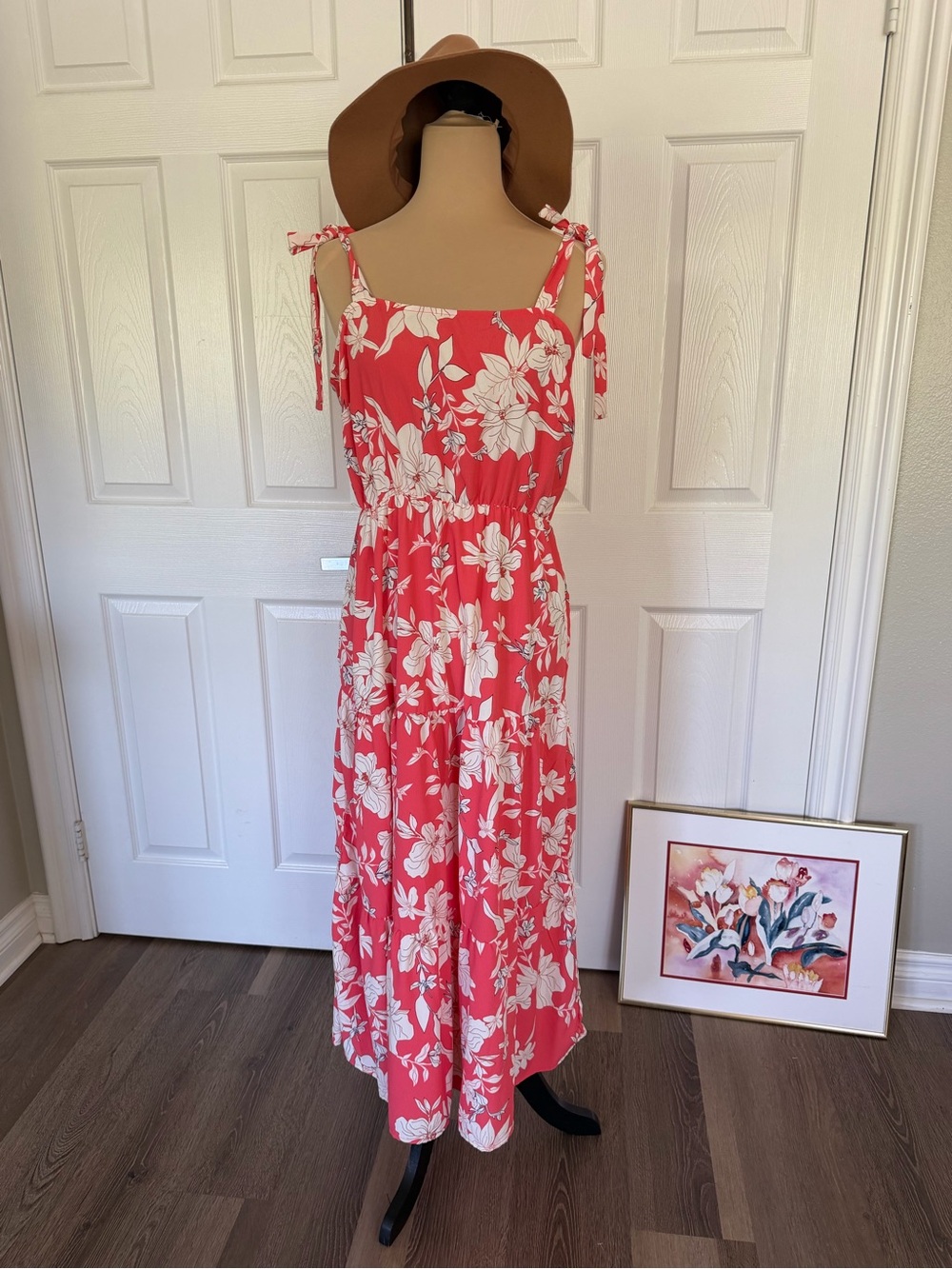 Coral Floral Tie-Shoulder Maxi Dress